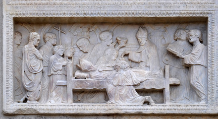 Panel with episodes of the life of St. Geminiano, by Agostino di Duccio of about 1442, Modena Cathedral, Italy 