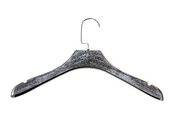 Closeup of an isolated silver plastic clothes hanger on a white background. Hangers for clothes.