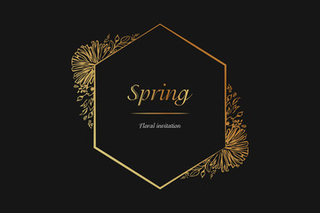 Floral spring invitation golden frame. Luxury Floral design element. Floral logo or icon.