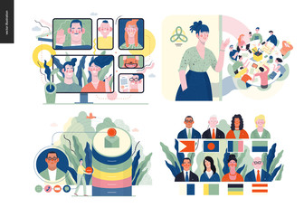 Naklejka premium Technology 1 set - modern flat vector concept digital illustration- Video Conferencing Technology, Meet our team, CRM Customer Relationship Management, Political leaders meeting. Creative web template