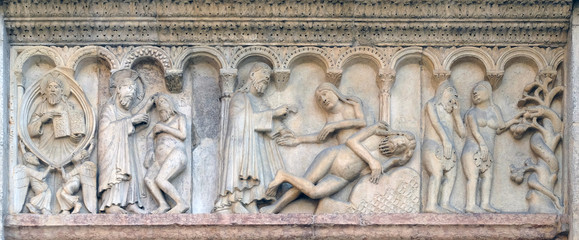 Creation Of Adam and Eve, Temptation relief by Wiligelmo, Modena Cathedral, Italy - obrazy, fototapety, plakaty