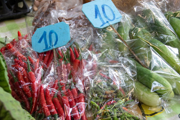 Fresh spice red chili with price on thai market