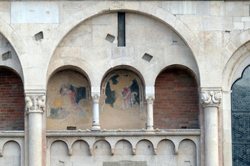 Detail of Modena Cathedral dedicated to the Assumption of the Virgin Mary and Saint Geminianus, Italy 