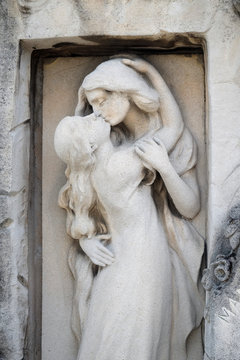 Detail of a mourning sculpture on a Mirogoj cemetery, Zagreb, Croatia 