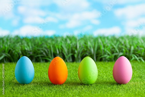 Four colored Easter eggs on grass and nature background