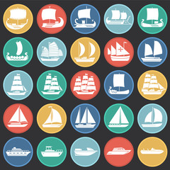Ship icons set on color circles black background for graphic and web design. Simple vector sign. Internet concept symbol for website button or mobile app.