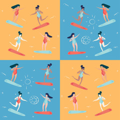Fototapeta na wymiar Trendy pop art vintage style vector seamless pattern illustration for summer beach holidays promotion: surfer women or surfing wave girl. Sea season and Beach vacations concept.
