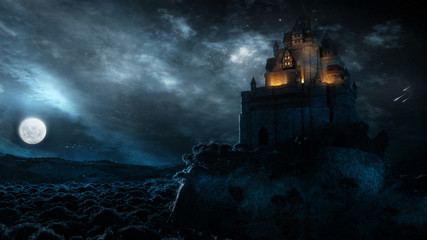 Majestic Castle Landscape With Glowing Clouds In Full Moon Night