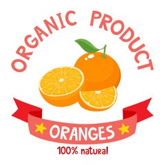 Vector illustration of organic badge with orange isolated on white.