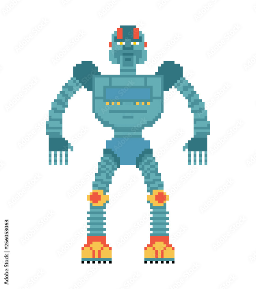 Poster robot pixel art. cyborg 8 bit style. old game graphics