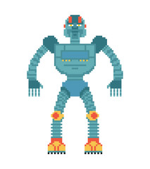Robot pixel art. Cyborg 8 bit style. Old game graphics