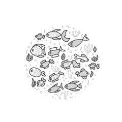 Vector fish collection isolated in doodle style. 