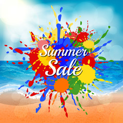 Colorful summer sale splash label on beach background