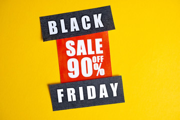 Black Friday sale concept. Discount ninety percent. Sale sticker on yellow background.