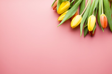 Tulip flowers on pastel pink background top view