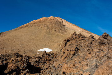 Majestic volcanic cone rising above spectacular lava shaped landscape.