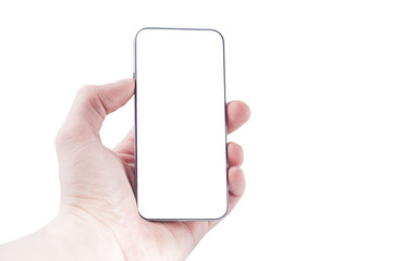 Frameless smartphone with a white screen in hand to insert an image on a white background, isolate