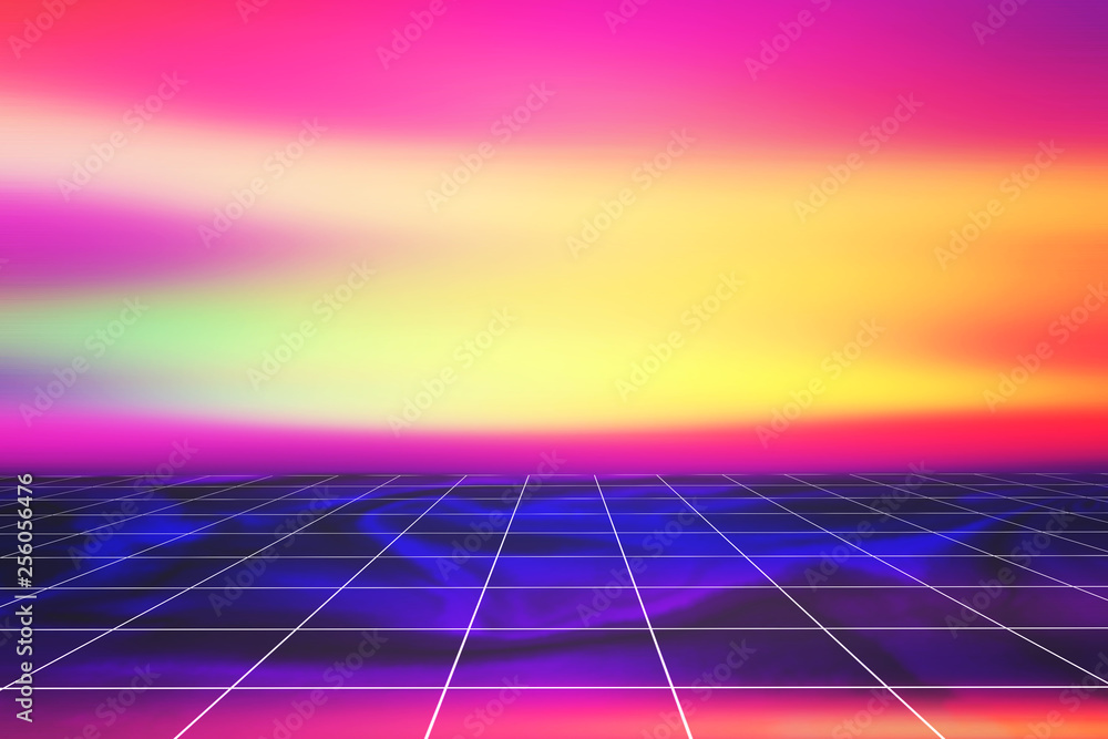 Poster abstract trendy colored vaporwave background with perspective grid.synthwave. vaporwave style. retro