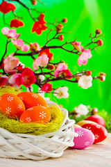 Colorful painted Easter eggs, nest and white fence on wooden table and nature background