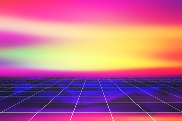 Abstract Trendy Colored Vaporwave background with perspective grid.Synthwave. Vaporwave style. Retrowave, retro futurism. 3D illustration