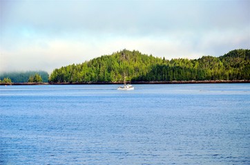 Landscape with fishing boat on the river