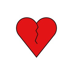 Red heartbreak with black stroke. Broken heart or divorce flat vector icon for apps and websites .Vector illustration.