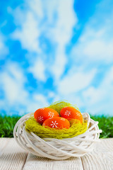 Easter eggs in the nest and wooden table on nature background