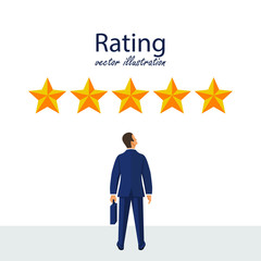 Five rating stars vector illustration. Feedback concept. Businessman looks gold star, to give five. Vector illustration in flat style.