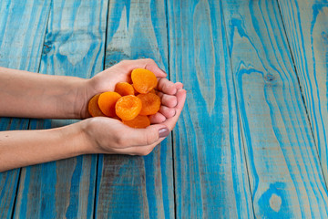 Turkish Damascus. Female hand holding turkish apricots supported on blue pinus background.