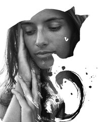 Paintography. Double Exposure portrait of a young beautiful woman combined with hand drawn ink painting created using unique technique, black and white