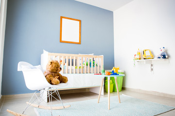 Child's room with toys and blue background