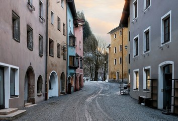 Fototapeta na wymiar Rattenberg, Austria - january 2018: View of the picturesque town of Rattenberg in Austrian state of Tyrol near Innsbruck. It is the smallest town in the country.