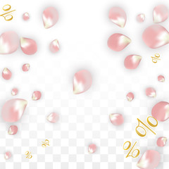 Vector Spring or Summer Sale Background with Petals and Percent for Template Design. Good for Special Hot Holiday Discount Offer, Black Friday, Fashion Promotion Action. Romantic Sakura Illustration