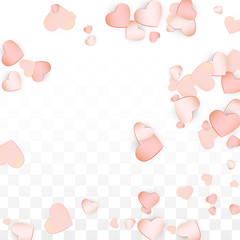 Love Hearts Confetti Falling Background. St. Valentine's Day pattern Romantic Scattered Hearts. Vector Illustration for Cards, Banners, Posters, Flyers for Wedding, Anniversary, Birthday Party, Sales.