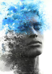 Paintography. Double exposure portrait of an attractive sexy model combined with hand drawn ink painting with splashes of blue giving depth and texture