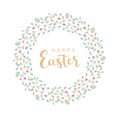 Easter wreath with Easter eggs, flowers, leaves and branches on white background. Decorative frame with gold elements. Unique design for your greeting cards. Vector illustration in modern style.