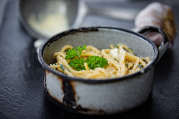 homemade spaghetti with cream, spinach and parmesan