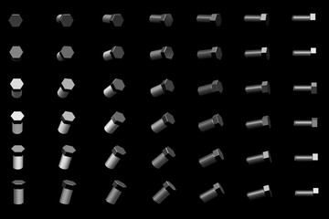 many grey, metallic clinchers rotated by different angles isolated on black - cute industrial 3D illustration, pic for any using