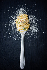 homemade spaghetti with cream, spinach and parmesan