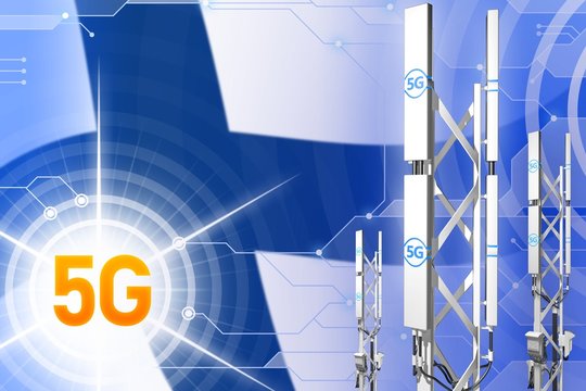 Finland 5G industrial illustration, big cellular network mast or tower on modern background with the flag - 3D Illustration