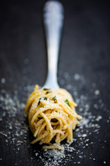 homemade spaghetti with cream, spinach and parmesan