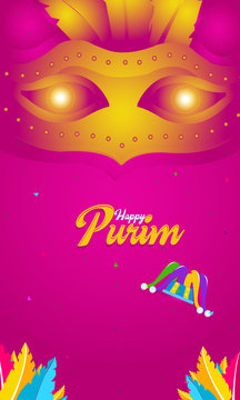 Happy Purim Jewish Holiday greeting card with traditional purim symbols, festival decoration, carnival poster