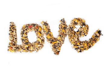 basic muesli  with fruits for horse background  in LOVE form. isolated