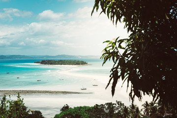 the beautiful Nosy Iranja island, tropical beach on a famous touristic island landmark, Madagascar. instagram filter