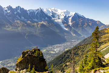 Fototapeta na wymiar Mont Blanc mountain Chamonix village two mountaineers view.