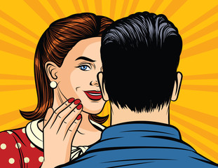 Color vector illustration of pop art style girl whispering a secret to a man’s ear. The girl tells the information in confidence. A man and a woman are talking. Girl holds hand at mouth