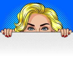 Color vector pop art style illustration of a girl peeking from behind a white sheet. A woman is hiding behind a white board. A beautiful girl is holding a poster with empty space for text. © yana_atchori