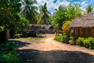 traditional African village, huts built with the traveller’s palm. Nosy-be, Madagascar