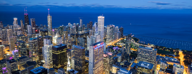 Aerial view of Chicago skyline by night