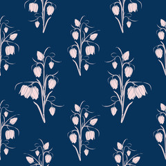 Fototapeta na wymiar Spring floral seamless pattern. Tulip flowers white silhouette on navy blue background.